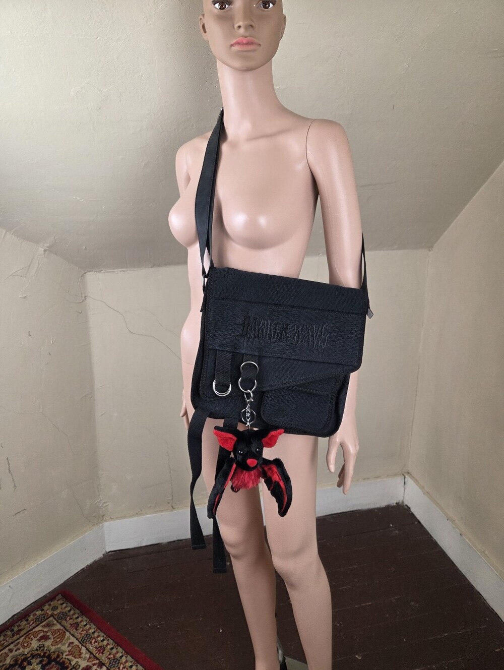 Darker Wavs Dollsโ Kill Black Canvas Messenger Crossbody Bag w/ Widow Bat Plush